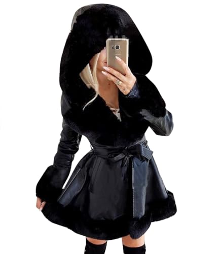 ORANDESIGNE Damen Kunstlederjacke Mantel Kurzer Parka Mantel mit Fellkragen Vorne offener Plüschkragen Warme Strickjacke mit Gürtel Outwear B Schwarz 5XL von ORANDESIGNE