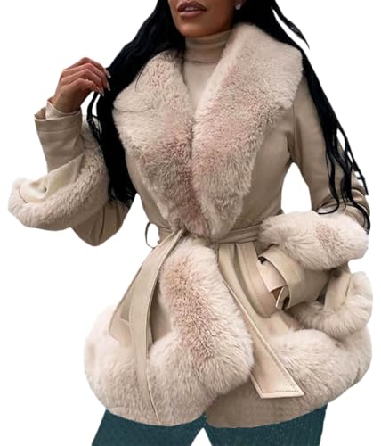 ORANDESIGNE Damen Kunstlederjacke Mantel Kurzer Parka Mantel mit Fellkragen Vorne offener Plüschkragen Warme Strickjacke mit Gürtel Outwear D Beige 3XL von ORANDESIGNE