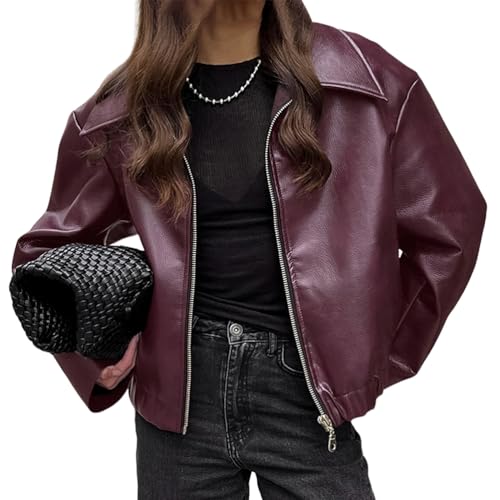 ORANDESIGNE Damen Kunstlederjacke Reverskragen Lange Ärmel Übergangsjacke Reißverschluss Bikerjacke Damen Lässig Motorrad Jacke A Weinrot L von ORANDESIGNE