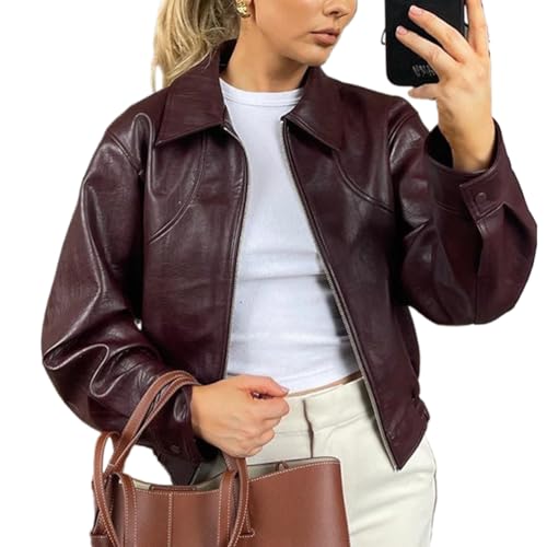 ORANDESIGNE Damen Kunstlederjacke Reverskragen Lange Ärmel Übergangsjacke Reißverschluss Bikerjacke Damen Lässig Motorrad Jacke D Weinrot S von ORANDESIGNE