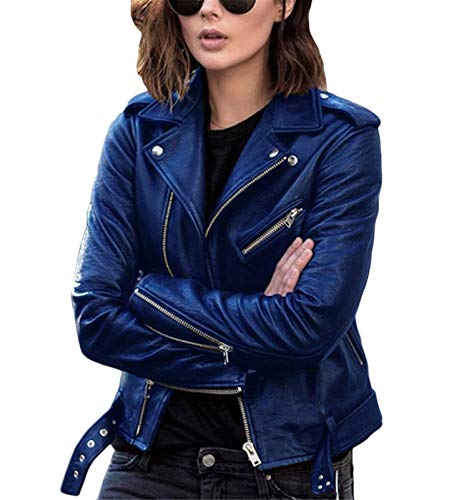 ORANDESIGNE Damen Kunstlederjacke Übergangsjacke Reißverschluss Langarm Motorradjacke Bikerjacke Kurzmantel Reverskragen Outwear Jacke Kurze Blau S von ORANDESIGNE