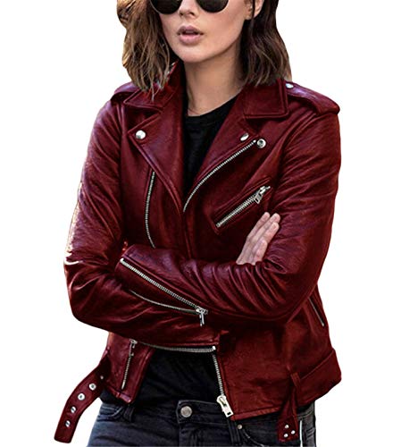 ORANDESIGNE Damen Kunstlederjacke Übergangsjacke Reißverschluss Langarm Motorradjacke Bikerjacke Kurzmantel Reverskragen Outwear Jacke Kurze Rot M von ORANDESIGNE