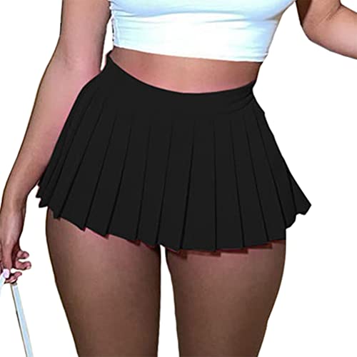 ORANDESIGNE Damen Kurz Faltenrock Frau Elastische Taille Mini-Röcke Sexy Lässig Sommer Stickerei Y2K Tennis Rock Hohe Taille Satin-Rock Neu Preppy 90S E-Girl Rock E Schwarz XS von ORANDESIGNE