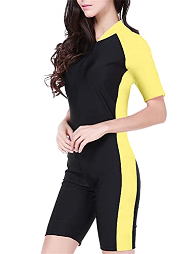ORANDESIGNE Damen Kurz Neoprenanzug Kurzarm One Piece Frontreißverschluss Schwimmanzug zum Tauchen Schnorcheln Surfen Schwimmen Anzug Badeanzug A Gelb XXL von ORANDESIGNE