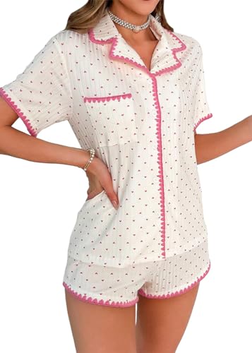 ORANDESIGNE Damen Kurz Schlafanzüge Lässige 2-teilige Hausanzug mit Süßem Fröhlichem Druck Niedlich Rüschen Saum Kurzarm Tops Elasitic Taille Shorts Pyjama Sets B Beige XS von ORANDESIGNE