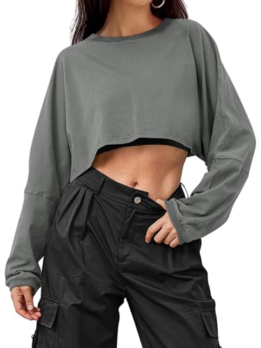ORANDESIGNE Damen Kurz Sweatshirt Crop Pullover Ohne Kapuze Casual Basic Pulli Oversized Rundhals Langarmshirt Tops A Grau S von ORANDESIGNE