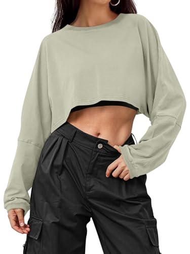 ORANDESIGNE Damen Kurz Sweatshirt Crop Pullover Ohne Kapuze Casual Basic Pulli Oversized Rundhals Langarmshirt Tops A Hellgrün M von ORANDESIGNE