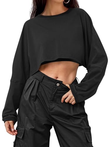 ORANDESIGNE Damen Kurz Sweatshirt Crop Pullover Ohne Kapuze Casual Basic Pulli Oversized Rundhals Langarmshirt Tops A Schwarz L von ORANDESIGNE