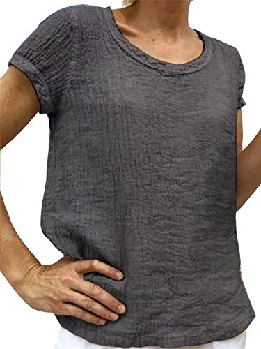 ORANDESIGNE Damen Kurzarm T-Shirt Leinen-Mix Rundhals Blusen Beiläufig Einfarbig Shirt Sommer Lose Shirt Tees Dunkelgrau 38 von ORANDESIGNE