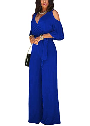 ORANDESIGNE Damen Kurzarm V-Ausschnitt Elegant Lang Jumpsuit Overall mit Gürtel Hosenanzug Playsuit Romper Schulterausschnitt Hose mit weitem Bein A Blau XXL von ORANDESIGNE