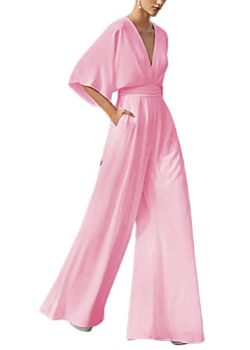 ORANDESIGNE Damen Kurzarm V-Ausschnitt Elegant Lang Jumpsuit Overall mit Gürtel Hosenanzug Playsuit Romper Schulterausschnitt Hose mit weitem Bein B Rosa L von ORANDESIGNE