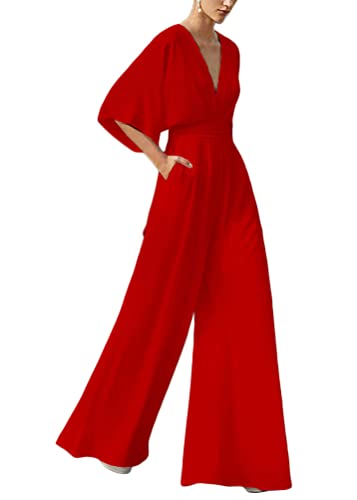 ORANDESIGNE Damen Kurzarm V-Ausschnitt Elegant Lang Jumpsuit Overall mit Gürtel Hosenanzug Playsuit Romper Schulterausschnitt Hose mit weitem Bein B Rot XL von ORANDESIGNE