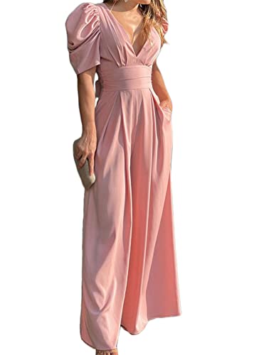 ORANDESIGNE Damen Kurzarm V-Ausschnitt Elegant Lang Jumpsuit Overall mit Gürtel Hosenanzug Playsuit Romper Schulterausschnitt Hose mit weitem Bein D Rosa XXL von ORANDESIGNE