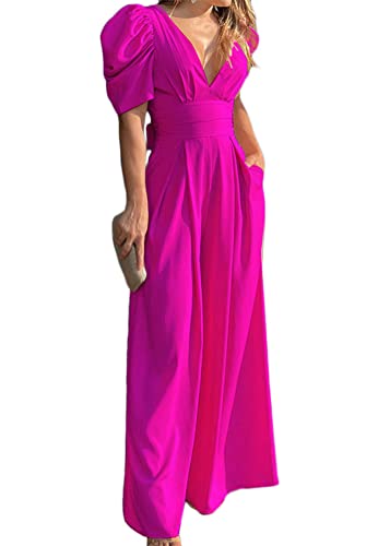 ORANDESIGNE Damen Kurzarm V-Ausschnitt Elegant Lang Jumpsuit Overall mit Gürtel Hosenanzug Playsuit Romper Schulterausschnitt Hose mit weitem Bein D Rosarot XL von ORANDESIGNE