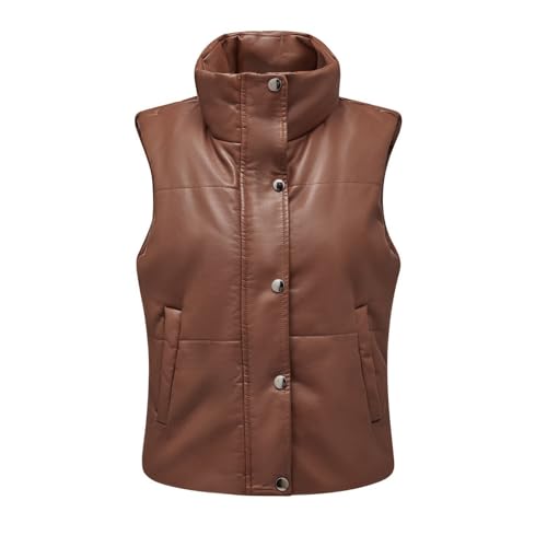 ORANDESIGNE Damen Kurze Steppweste Stehkragen PU Steppweste mit Snap Ärmellose Wattierte Daunenweste Winter Warm Jacke E Braun M von ORANDESIGNE