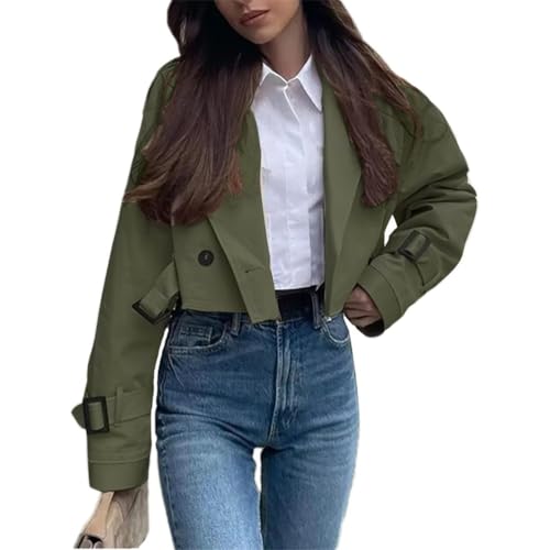 ORANDESIGNE Damen Kurzer Trenchcoat Revers Langarm Zweireiher Cropped Windjacke Klassische Einfarbig Herbst Jacke Winddichter Übergangsmantel mit Gürtel A Armeegrün S von ORANDESIGNE