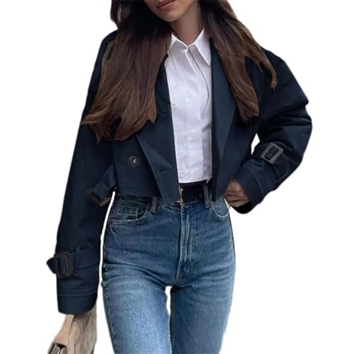ORANDESIGNE Damen Kurzer Trenchcoat Revers Langarm Zweireiher Cropped Windjacke Klassische Einfarbig Herbst Jacke Winddichter Übergangsmantel mit Gürtel A Dunkelblau S von ORANDESIGNE