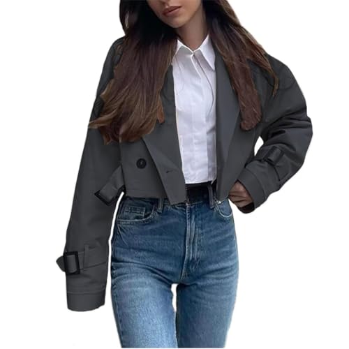 ORANDESIGNE Damen Kurzer Trenchcoat Revers Langarm Zweireiher Cropped Windjacke Klassische Einfarbig Herbst Jacke Winddichter Übergangsmantel mit Gürtel A Dunkelgrau M von ORANDESIGNE