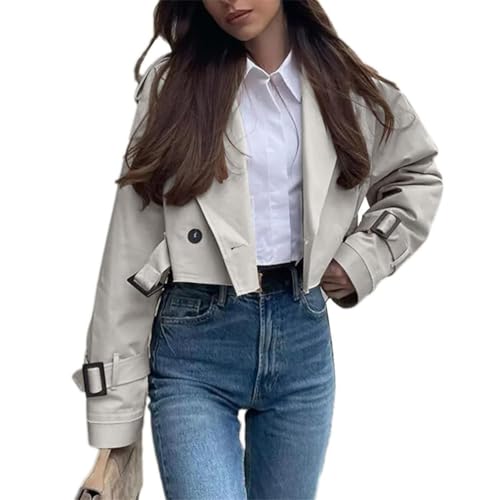 ORANDESIGNE Damen Kurzer Trenchcoat Revers Langarm Zweireiher Cropped Windjacke Klassische Einfarbig Herbst Jacke Winddichter Übergangsmantel mit Gürtel A Grau S von ORANDESIGNE