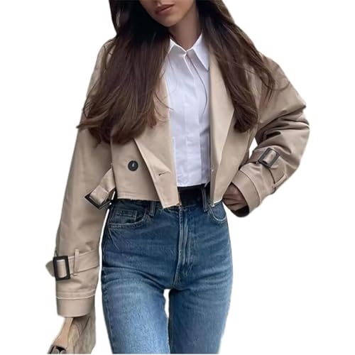 ORANDESIGNE Damen Kurzer Trenchcoat Revers Langarm Zweireiher Cropped Windjacke Klassische Einfarbig Herbst Jacke Winddichter Übergangsmantel mit Gürtel A Khaki L von ORANDESIGNE