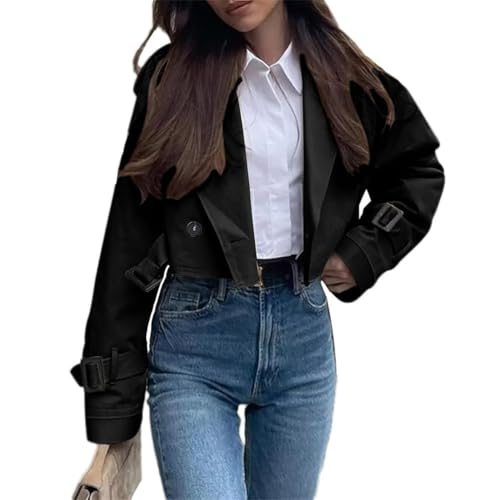ORANDESIGNE Damen Kurzer Trenchcoat Revers Langarm Zweireiher Cropped Windjacke Klassische Einfarbig Herbst Jacke Winddichter Übergangsmantel mit Gürtel A Schwarz XS von ORANDESIGNE