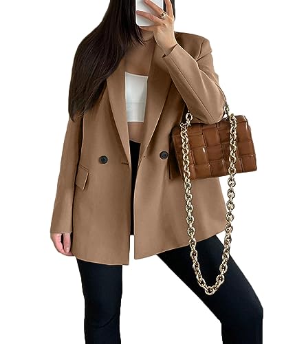 ORANDESIGNE Damen Lässig Blazer Elegante Lange Ärmel Revers Blazer Offen Vorne Solide Arbeit Büro Jacke Zweireiher Blazer A Kaffee S von ORANDESIGNE