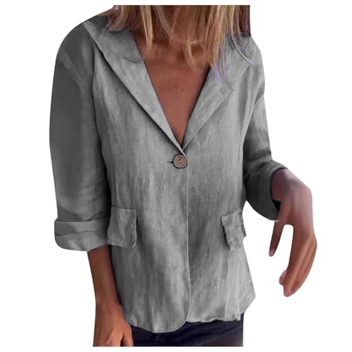 ORANDESIGNE Damen Lässiger Blazer Baumwolle Leinen Freizeit Casual Blazer Leichtes Jacke Elegant Lang Basic Anzugjacke Leichtes Cardigan Knöpfen Vintage Strand Damenjacke A Grau XL von ORANDESIGNE
