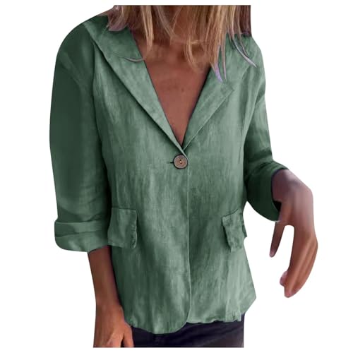 ORANDESIGNE Damen Lässiger Blazer Baumwolle Leinen Freizeit Casual Blazer Leichtes Jacke Elegant Lang Basic Anzugjacke Leichtes Cardigan Knöpfen Vintage Strand Damenjacke A Grün XXL von ORANDESIGNE