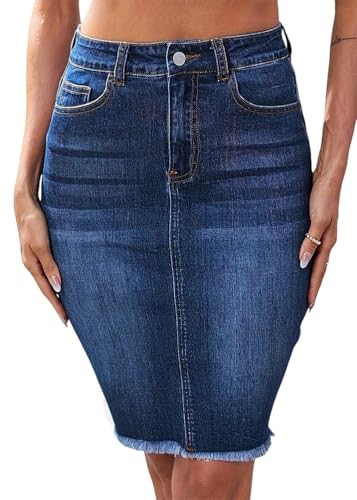 ORANDESIGNE Damen Lässiger Jeansrock Hohe Taille Unbearbeiteter Saum Midi Denim Röcke mit Taschen Figurbetonung Bleistiftrock Knielange Jeansröcke A Dunkelblau XXL von ORANDESIGNE