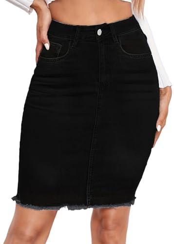 ORANDESIGNE Damen Lässiger Jeansrock Hohe Taille Unbearbeiteter Saum Midi Denim Röcke mit Taschen Figurbetonung Bleistiftrock Knielange Jeansröcke A Schwarz M von ORANDESIGNE