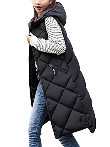 ORANDESIGNE Steppweste Damen Lang Schwarz Daunenweste Winterweste Lang ärmellos Daunen Unifarben Warme Weste Jacke Daunenmantel Weibliche Oberbekleidung Dicker Slim Zip Gilet Mädchen F Schwarz S von ORANDESIGNE