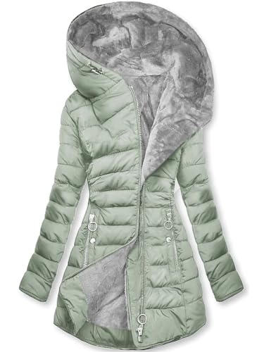 ORANDESIGNE Damen Lang Warm Gefüttert Wintermantel Parka Jacke mit Kapuze Dicke Winterjacke Elegant Steppjacke Winddicht Mantel Langarm Reißverschluss Plüschjacke Outdoorjacke A Hellgrün M von ORANDESIGNE