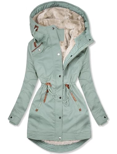 ORANDESIGNE Damen Lang Warm Gefüttert Wintermantel Parka Jacke mit Kapuze Dicke Winterjacke Elegant Steppjacke Winddicht Mantel Langarm Reißverschluss Plüschjacke Outdoorjacke B Hellgrün 3XL von ORANDESIGNE