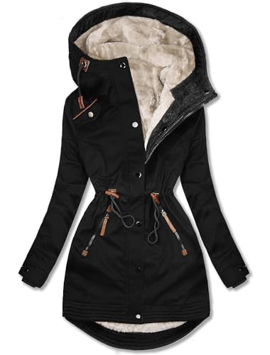 ORANDESIGNE Damen Lang Warm Gefüttert Wintermantel Parka Jacke mit Kapuze Dicke Winterjacke Elegant Steppjacke Winddicht Mantel Langarm Reißverschluss Plüschjacke Outdoorjacke B Schwarz L von ORANDESIGNE