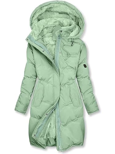 ORANDESIGNE Damen Lang Warm Gefüttert Wintermantel Parka Jacke mit Kapuze Dicke Winterjacke Elegant Steppjacke Winddicht Mantel Langarm Reißverschluss Plüschjacke Outdoorjacke C Hellgrün 3XL von ORANDESIGNE