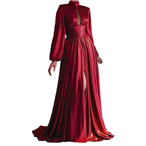 ORANDESIGNE Damen Langarm Abendkleid Samt Maxikleid Tief V-Ausschnitt Plissee Schlitz Elegant Maxikleid Cocktailkleid Partykleid E Rot L von ORANDESIGNE