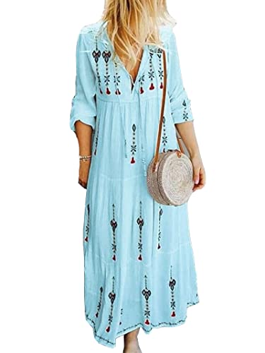 ORANDESIGNE Damen Langarm Casual Loose V Ausschnitt Boho Kleider Elegant Böhmen Lang Kleid Drucken Blume Vintage Party Maxikleid B Blau 48 von ORANDESIGNE
