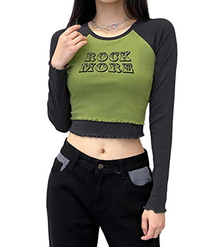 ORANDESIGNE Damen Langarm Crop Top Y2K Spitze Farbblock Rundhals T-Shirt Bluse Streetwear Skinny Style T-Shirt Harajuku Briefdruck T-Shirt B Grün S von ORANDESIGNE