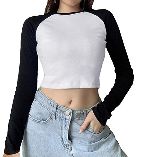 ORANDESIGNE Damen Langarm Crop Top Y2K Spitze Farbblock Rundhals T-Shirt Bluse Streetwear Skinny Style T-Shirt Harajuku Briefdruck T-Shirt E Schwarz S von ORANDESIGNE