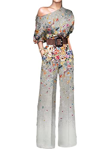 ORANDESIGNE Damen Langarm Elegant Lang Jumpsuit Overall Hosenanzug Playsuit Romper Hose mit weitem Bein One Shoulder Bedruckter Overall D Grau L von ORANDESIGNE