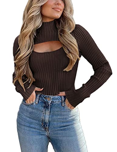 ORANDESIGNE Damen Langarm Frühling Pullover Strickpullover Langarmshirt U-Ausschnitt Slim Pulli Hebst Pullover Langarmshirt Rollkragen Casual Winter Top A Kaffee S von ORANDESIGNE