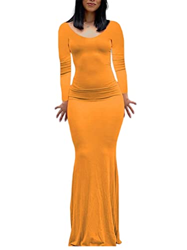 ORANDESIGNE Damen Langarm Langes Kleid Einfarbig Figurbetont Fischschwanzkleid Sexy Bodycon Maxikleider Party Abend Club Night Out Kleid A Orange XL von ORANDESIGNE