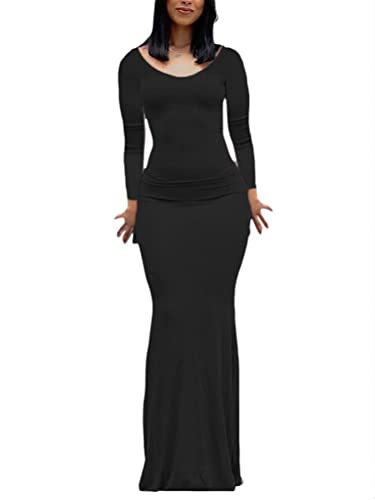 ORANDESIGNE Damen Langarm Langes Kleid Einfarbig Figurbetont Fischschwanzkleid Sexy Bodycon Maxikleider Party Abend Club Night Out Kleid A Schwarz M von ORANDESIGNE