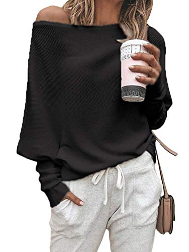 ORANDESIGNE Damen Langarm Schulterfrei Jumper Lose Fledermausärmel Sweatshirt Pullover Oberteil Tops Hemd Oversize B Schwarz 38 von ORANDESIGNE
