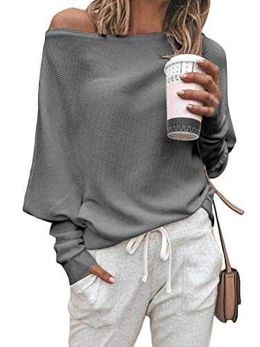 ORANDESIGNE Damen Langarm Schulterfrei Jumper Lose Sweatshirt Pullover Oberteil Tops Hemd Oversize B Grau 38 von ORANDESIGNE