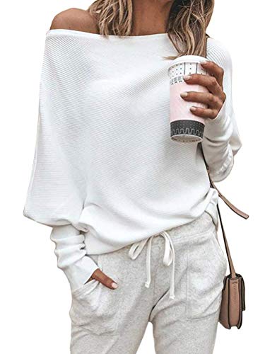 ORANDESIGNE Damen Langarm Schulterfrei Jumper Lose Sweatshirt Pullover Oberteil Tops Hemd Oversize B Weiß 42 von ORANDESIGNE