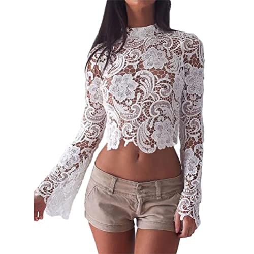 ORANDESIGNE Damen Langarm Spitze Top Bluse Shirt Leichtes Transparente Spitzenbluse Rundhals Tüll Mesh Bluse Durchsichtig Stickerei Blumen Spitze Oberteile S A Weiß von ORANDESIGNE