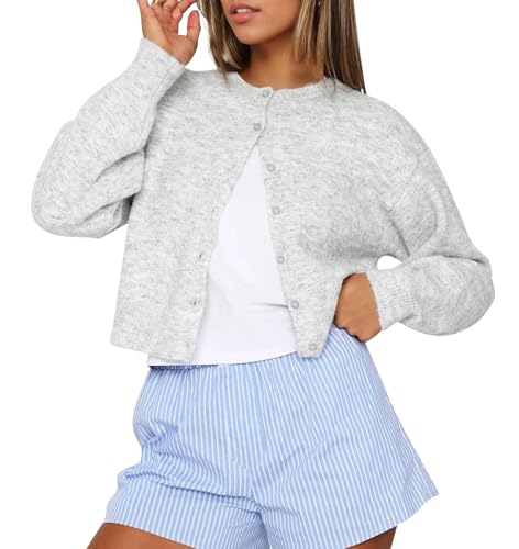 ORANDESIGNE Damen Langarm Strickjacke Y2K Offene Vorderseite Button Down Crop Pullover Knopfleiste Cardigan Leichter Strickpullover Herbst Outfits Tops A Hellgrau M von ORANDESIGNE