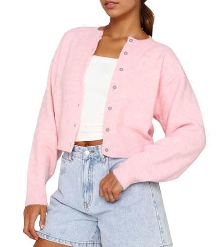 ORANDESIGNE Damen Langarm Strickjacke Y2K Offene Vorderseite Button Down Crop Pullover Knopfleiste Cardigan Leichter Strickpullover Herbst Outfits Tops A Rosa S von ORANDESIGNE