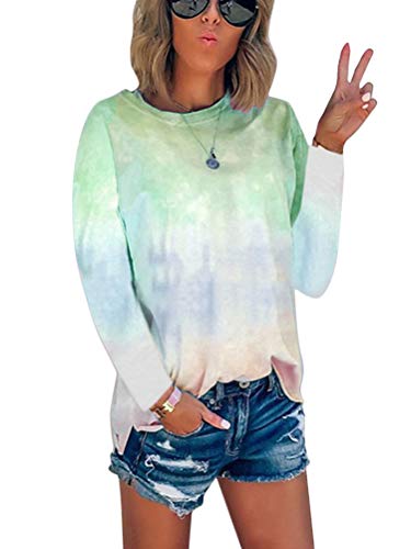 ORANDESIGNE Damen Langarm T-Shirt Casual Tie Dye Lose Langarmshirt Rundhals Beiläufig Farbverlauf Blusen Oberteile Top Oversize Pulli Tunika Sweatshirt Grün S von ORANDESIGNE